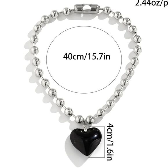 💲6️⃣ Bundled ✔️Gothic Style Large Silver Beaded Black Heart Pendant Necklace - Picture 6 of 8